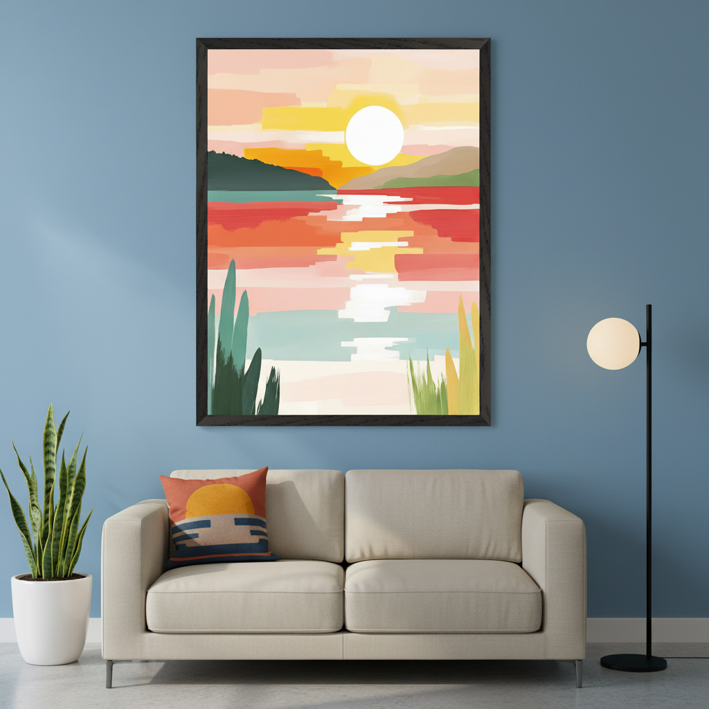 Modern living room with a light beige sofa and a throw pillow with a sunset design. A large framed abstract landscape artwork, depicting a sun setting over water in bold, blocky colors, hangs centered above the sofa. A potted plant and a black floor lamp are also visible.