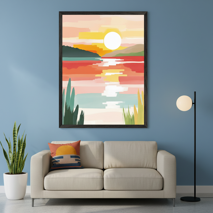 Modern living room with a light beige sofa and a throw pillow with a sunset design. A large framed abstract landscape artwork, depicting a sun setting over water in bold, blocky colors, hangs centered above the sofa. A potted plant and a black floor lamp are also visible.