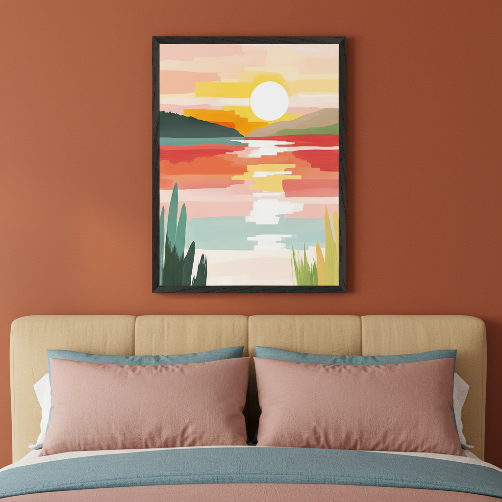Modern bedroom with a terracotta wall and a beige headboard. A large framed abstract painting of a sunset over water, featuring horizontal color blocks in warm and cool tones, hangs above the bed.