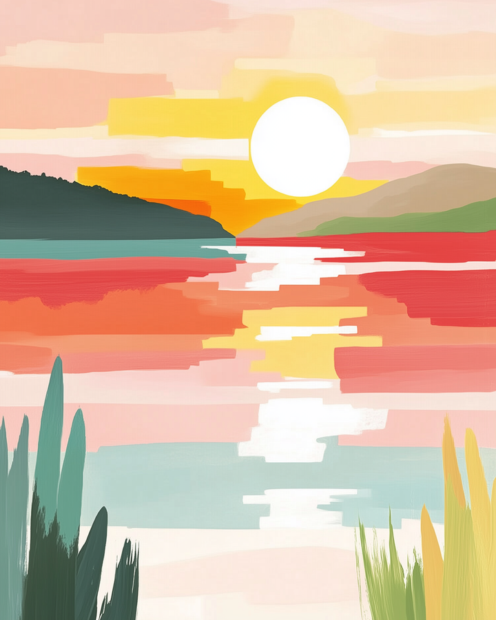 A stylized sunset illustration featuring a glowing white sun, vibrant red and yellow skies, and lush green plants in the foreground. The blocky brushstrokes and color blocking give it a playful, abstract feel.
