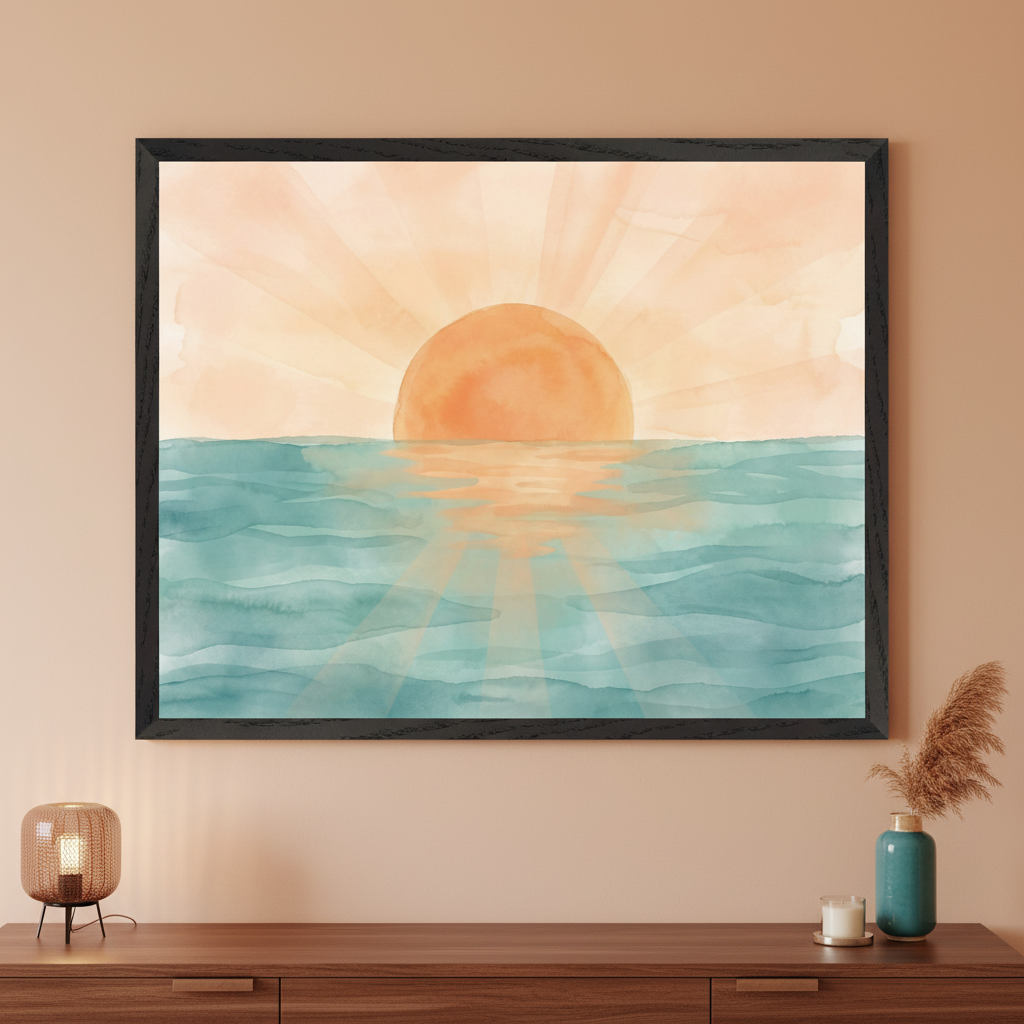 Modern room with warm beige walls, featuring a dark wood credenza with a lamp and vase. Centered above the credenza hangs a black-framed watercolor painting of an orange sunset over a blue-green ocean with sunrays reflecting on waves.