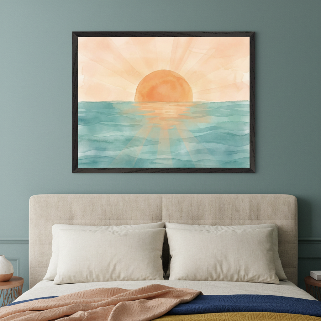 Modern bedroom with a beige fabric bed. A framed watercolor painting of a sunset over the ocean with sun rays reflecting on the water hangs centered above the bed.