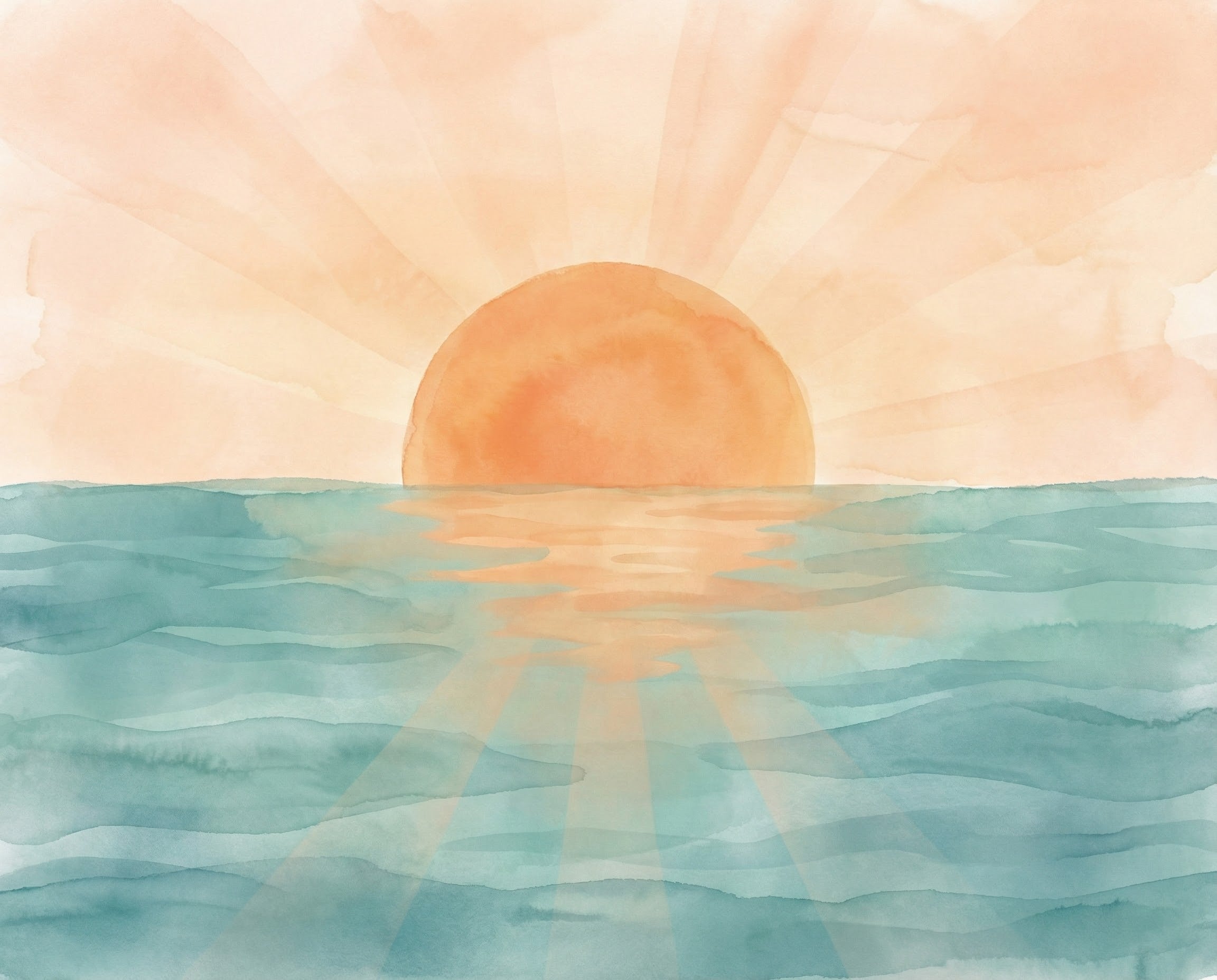 Simple watercolor painting of the sun setting over calm blue ocean waves with soft pink and peach sky tones perfect for coastal or beach-themed wall art


