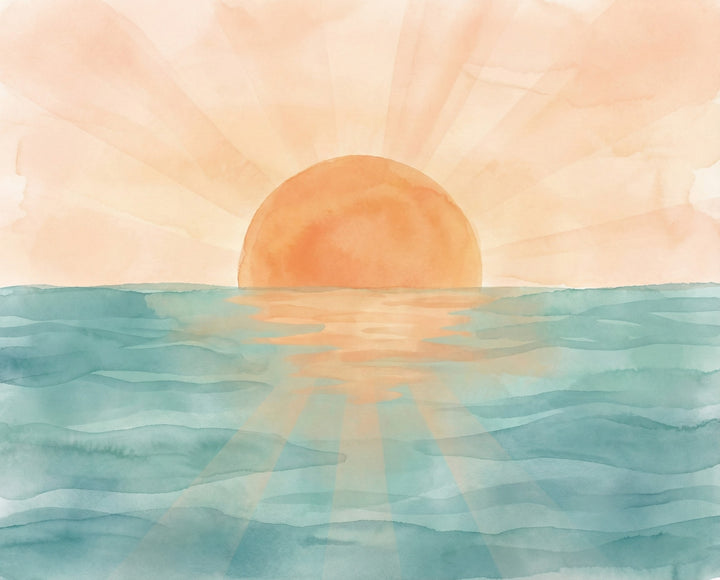 Simple watercolor painting of the sun setting over calm blue ocean waves with soft pink and peach sky tones perfect for coastal or beach-themed wall art

