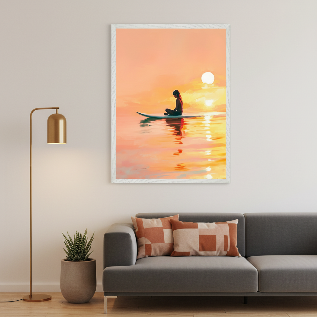 Modern living room with a gray sectional sofa and a gold floor lamp. A large framed painting of a person meditating on a paddleboard at sunset on calm water hangs above the sofa.