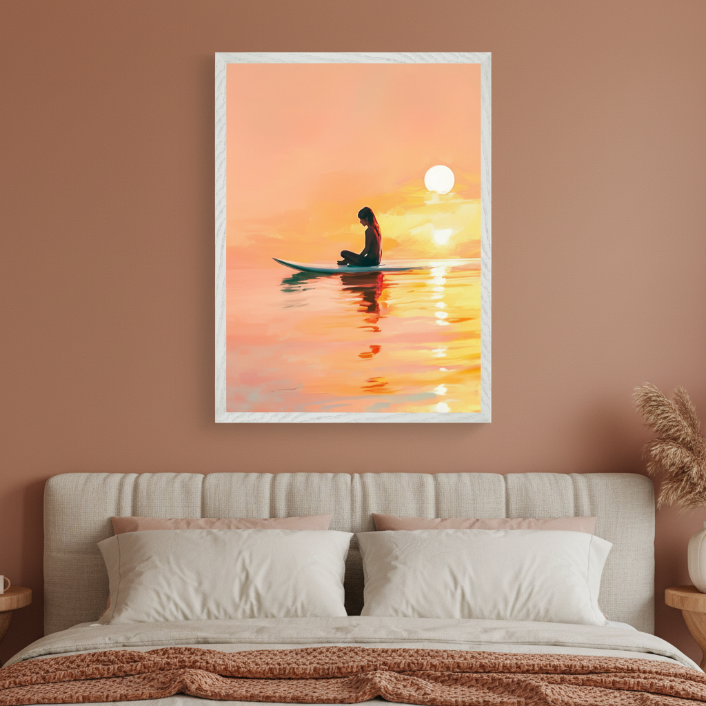 Modern bedroom with a terracotta wall. A large framed painting hangs above an upholstered bed with a beige headboard. The artwork depicts a person meditating on a paddleboard in calm water, reflecting a vibrant orange sunset and a bright sun.