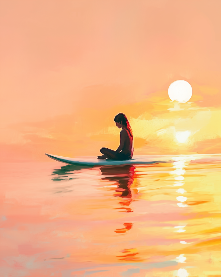 A person sits peacefully on a surfboard in calm water, silhouetted by a vibrant sunset. The sky and water are painted with warm hues of orange and pink, creating a serene and reflective scene.