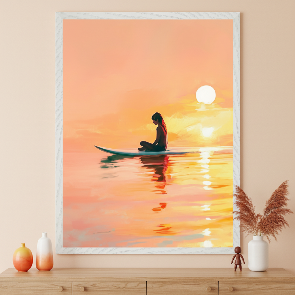 Modern room with a light wood dresser. A large white-framed painting hangs above it, depicting a silhouette of a person sitting on a surfboard at sunset with a bright sun, reflected in calm water. Vases and a figurine are on the dresser.