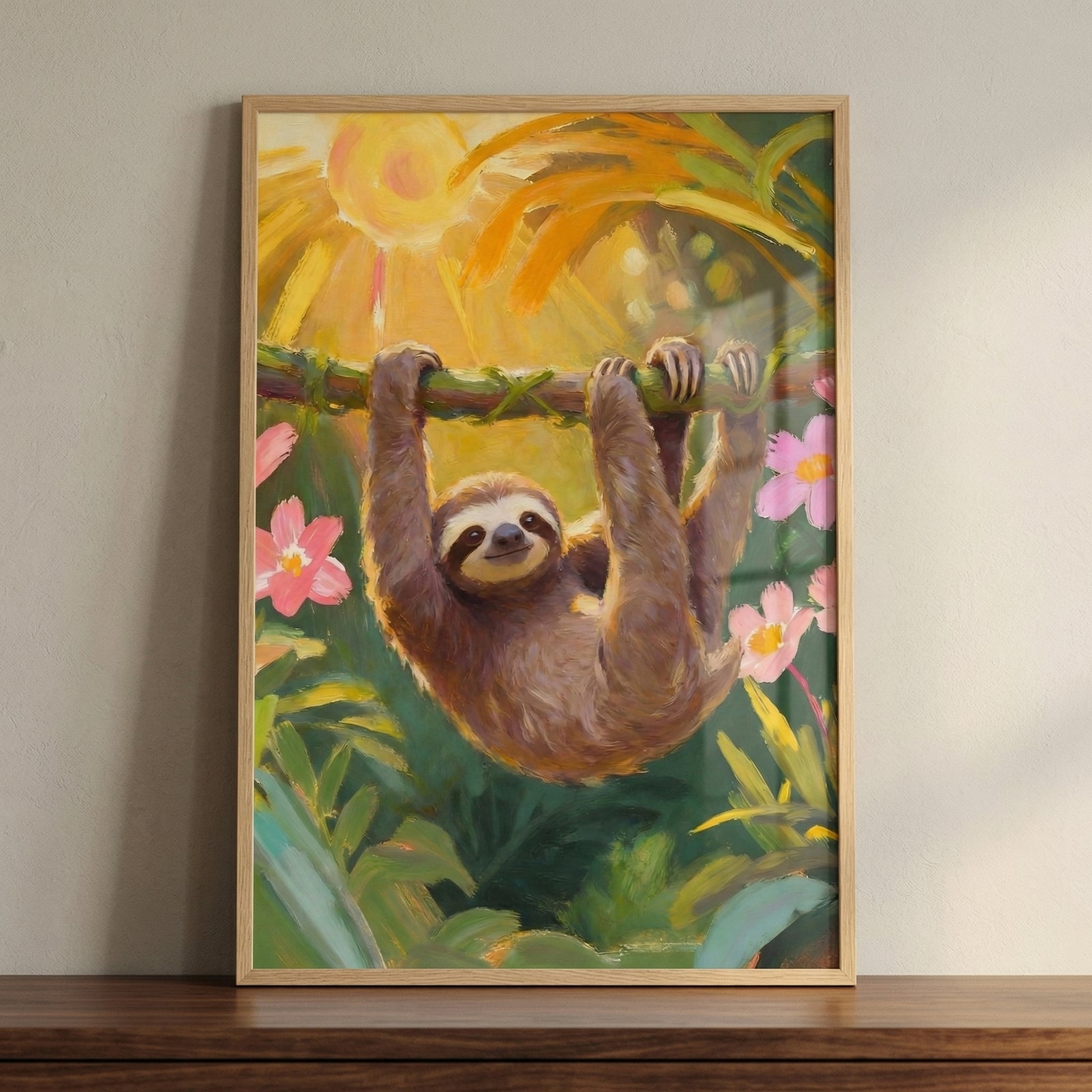 Framed painting of a smiling sloth hanging upside down from a tree branch surrounded by lush green foliage and pink flowers with warm sunlight glowing overhead. The artwork creates a cheerful and cozy jungle inspired scene with soft golden tones.