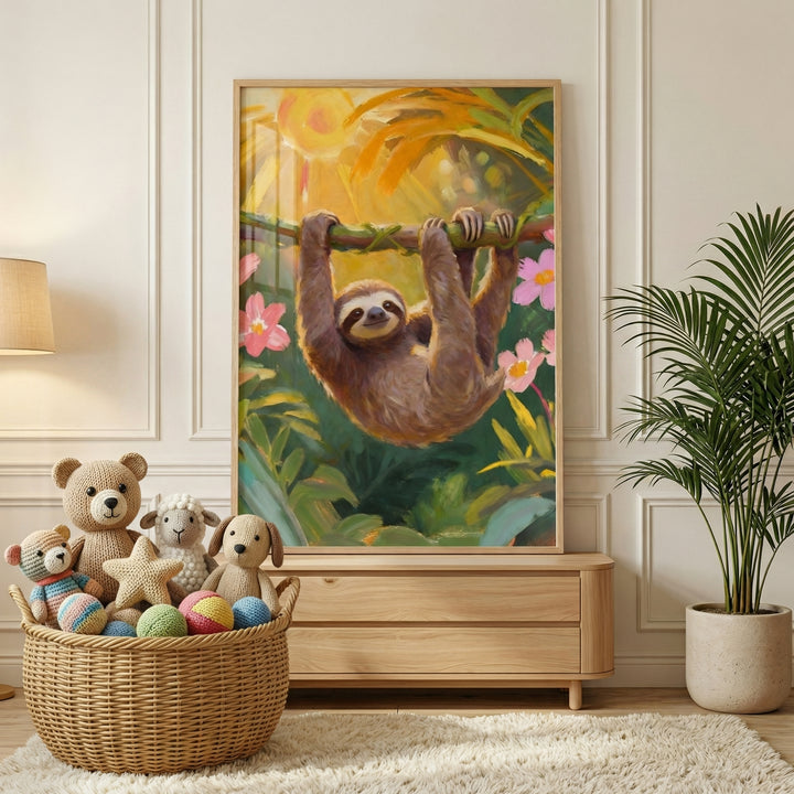 Cozy children’s room with a wooden dresser, woven basket filled with plush toys, and a leafy houseplant beside it. Above the dresser hangs a framed painting of a smiling sloth hanging from a branch surrounded by green foliage and pink flowers, adding a warm and playful jungle inspired focal point to the space.