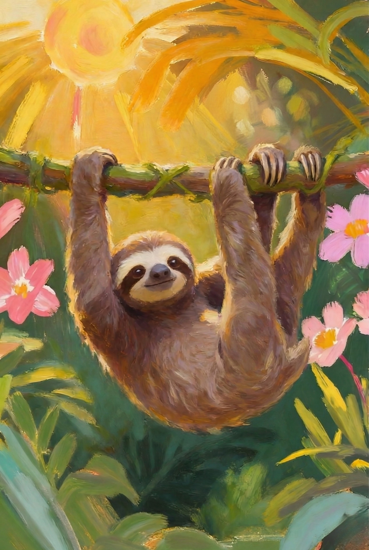 An impressionistic oil-style illustration features a sloth hanging from a sturdy branch in a lush tropical setting. The sloth, with its thick brown fur and gentle expression, is surrounded by vibrant pink blossoms and verdant green foliage. In the upper left corner, a radiant sun casts warm, golden rays across the scene, highlighting the thick texture of the brushwork. The composition is filled with bright, cheerful colors, creating a peaceful and sunny jungle atmosphere.