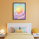 Kid's bedroom with a white bed and yellow quilt. A framed art print featuring a sun, purple clouds, and 'You Are My Sunshine' text in a painterly style hangs centered above the bed. White nightstands flank the bed, one with a lamp, the other with a sun plush toy.
