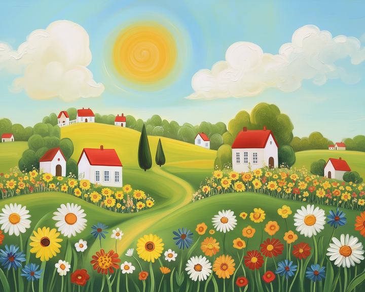 A charming countryside landscape features quaint white houses with red roofs scattered across rolling green hills. Bright wildflowers, including daisies and poppies, bloom vibrantly in the foreground. A large, swirling sun shines in a clear blue sky, dotted with fluffy white clouds.