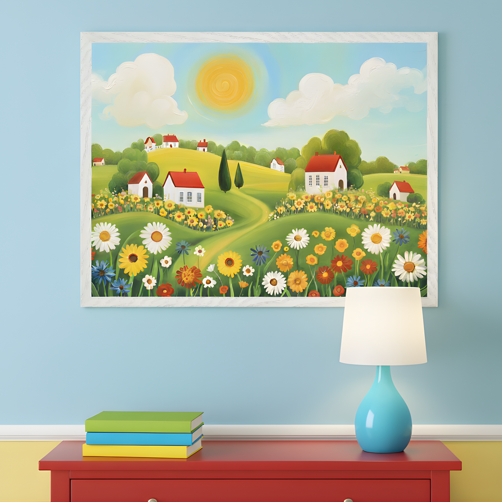 Vibrant framed illustration of a cheerful countryside with rolling green hills, blooming wildflowers, and white cottages with red roofs under a bright yellow sun. The artwork hangs on a sky-blue wall above a red dresser topped with colorful stacked books and a turquoise lamp, creating a playful and sunny atmosphere.