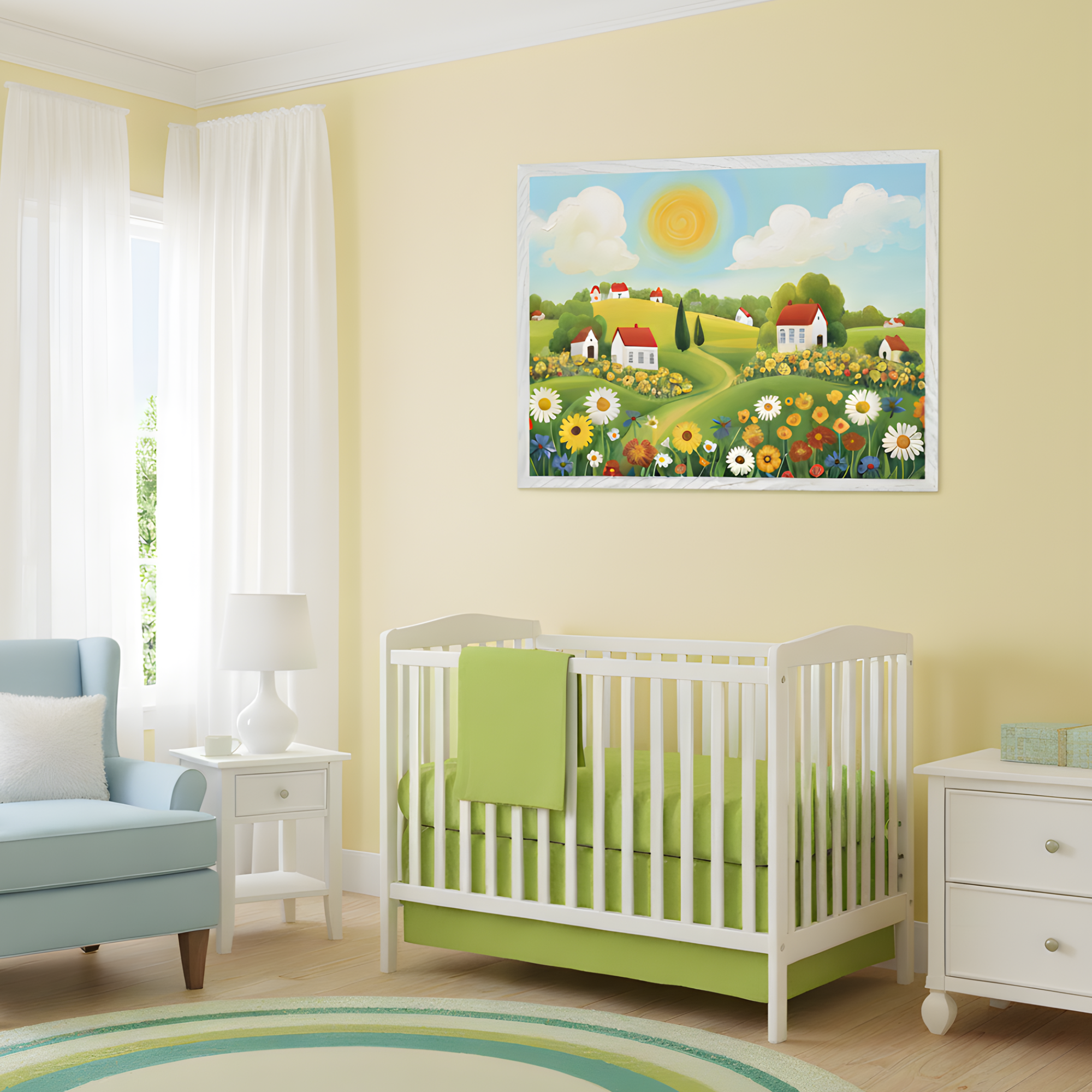 A cheerful nursery with soft yellow walls featuring a framed illustration of a sunny countryside filled with colorful wildflowers, green hills, and white cottages with red roofs. The room includes a white crib with lime green bedding, a pale blue armchair, and a round rug in soft greens and creams that echoes the artwork’s vibrant palette.