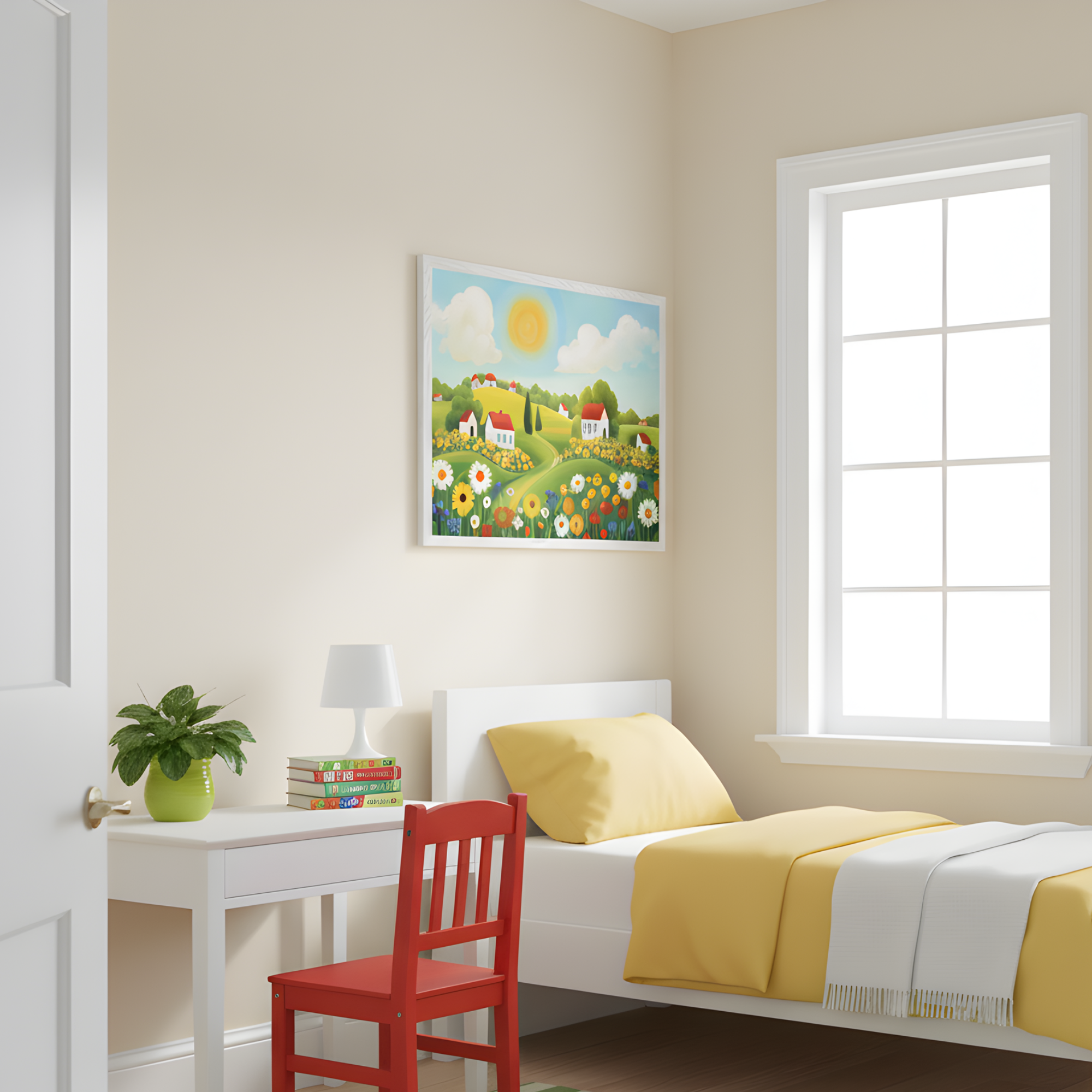 Bright and sunny kids' bedroom featuring a framed illustration of a countryside landscape with red-roofed cottages, rolling green hills, and a field of colorful daisies under a glowing sun. The room includes a white bed with yellow bedding, a white desk with a red chair, and playful accents like a green plant and stacked books.