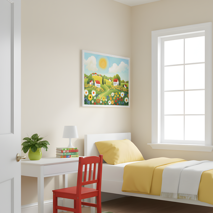 Bright and sunny kids' bedroom featuring a framed illustration of a countryside landscape with red-roofed cottages, rolling green hills, and a field of colorful daisies under a glowing sun. The room includes a white bed with yellow bedding, a white desk with a red chair, and playful accents like a green plant and stacked books.