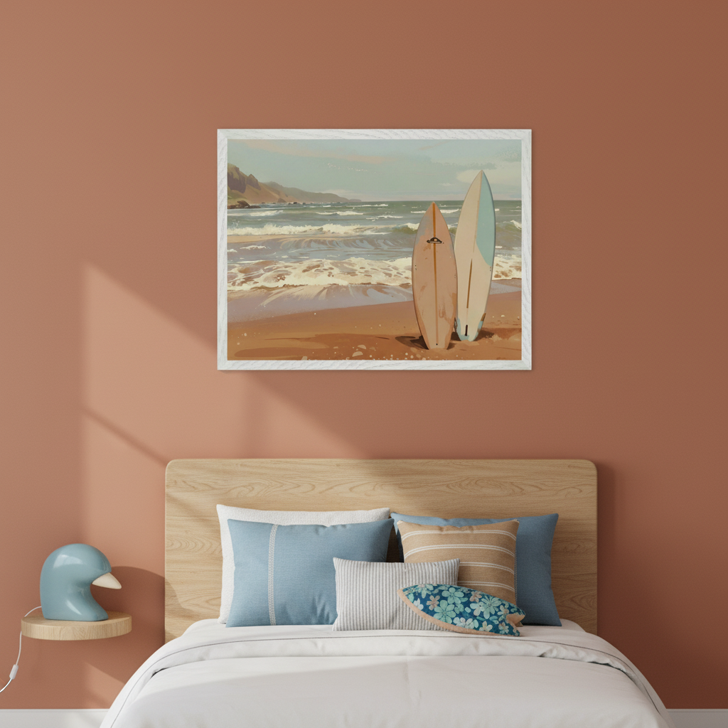 Modern bedroom with an orange wall and a wooden headboard bed. A framed painting of a beach with waves and two surfboards on the sand hangs above the bed. A blue duck lamp is on a shelf to the left.