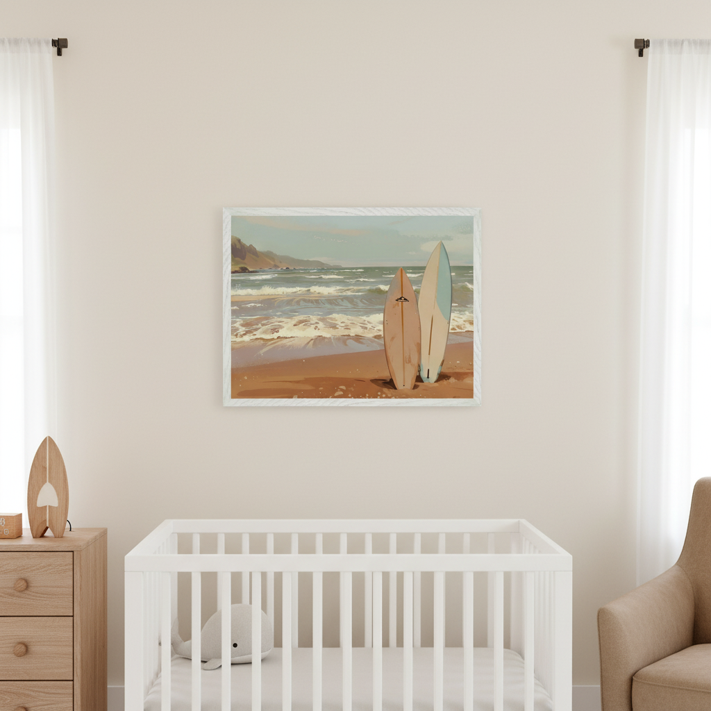 Light beige modern nursery with a white crib, a wooden dresser to the left, and a beige armchair to the right. A framed illustration of a beach with ocean waves and two surfboards (tan and light blue) standing in the sand hangs centered above the crib.