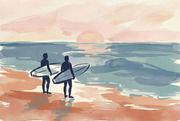 Two surfers stand at the water’s edge, boards in hand, gazing at the sun setting over a calm ocean, with gentle waves painted in teal and pink tones.
