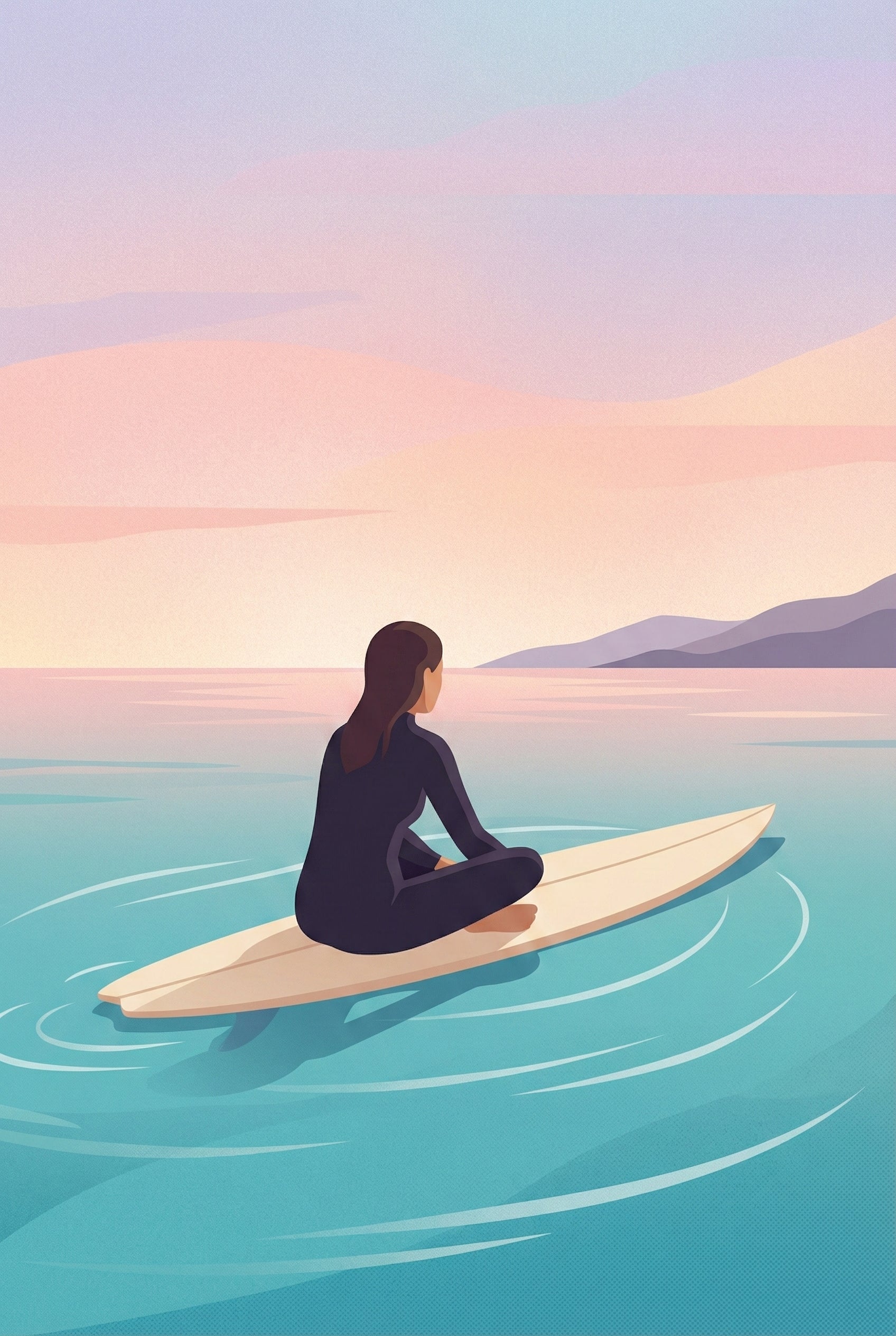 A peaceful scene of a woman sitting cross-legged on a surfboard, floating in still water and watching the sunset sky over distant mountains.
