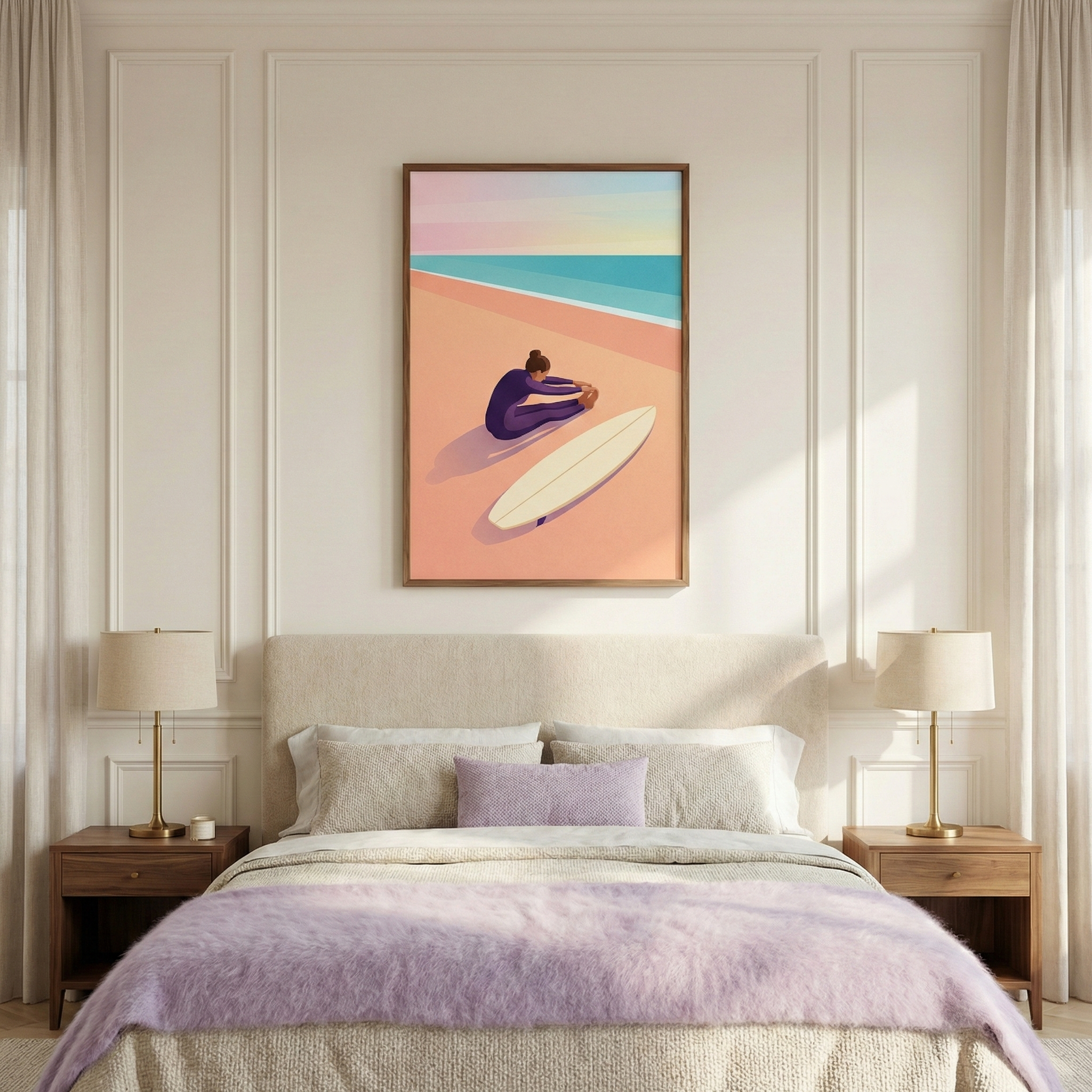 A serene and elegantly designed bedroom features a minimalist vertical artwork framed in dark wood as its central focus. The illustration on the wall depicts a figure in a purple wetsuit sitting on a peach-colored sandy beach, reaching forward in a stretch. Beside them rests a white surfboard. The scene is set against a turquoise ocean and a soft sky with horizontal bands of pink and pale yellow, suggesting early morning or late evening.

