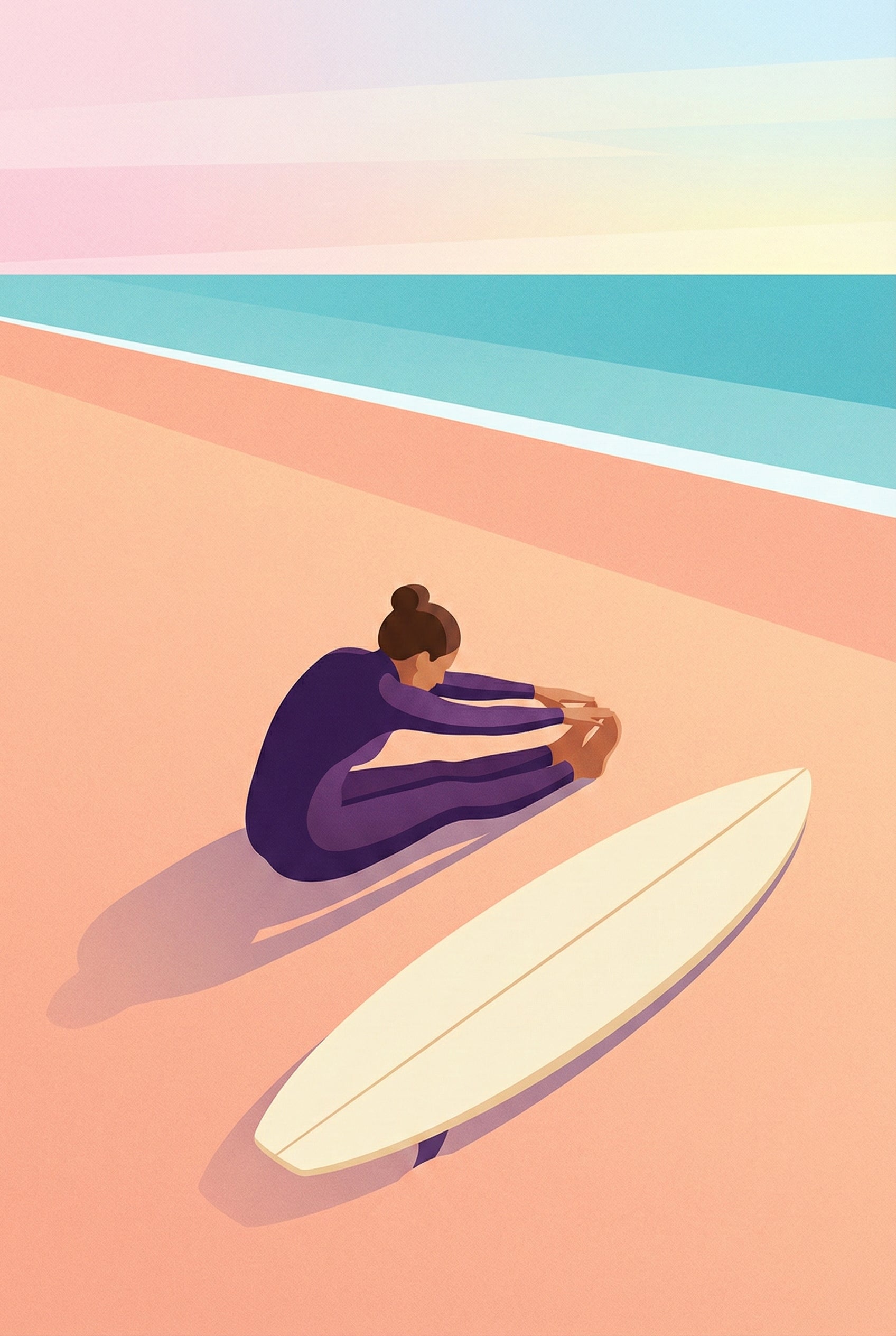 Minimalist illustration of a woman in a purple wetsuit stretching her legs while seated on pink sand beside a surfboard, with the sea and pastel sky in the background.
