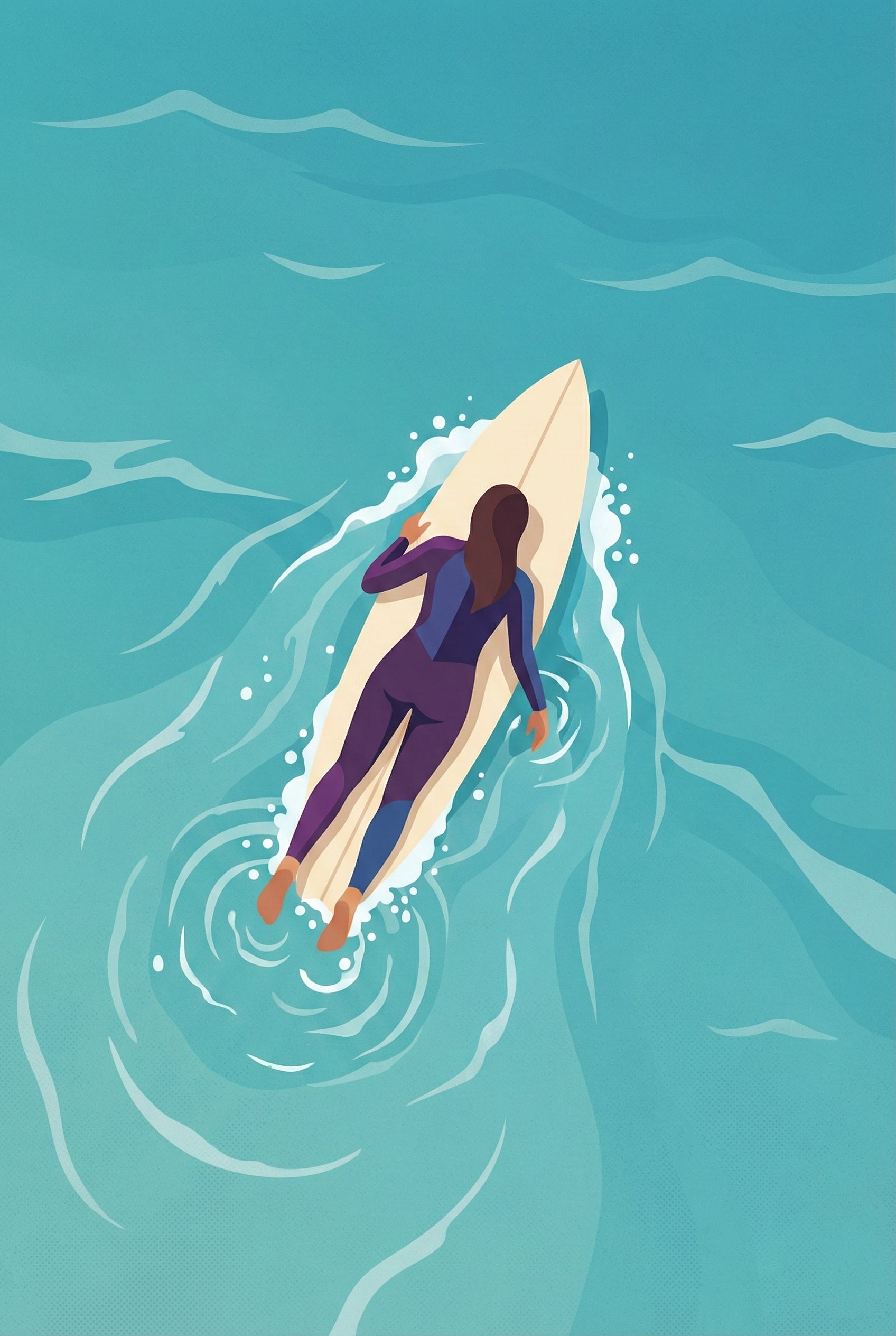 Top-down illustration of a woman in a wetsuit paddling out on a surfboard through rippling blue water, leaving a soft wake behind her.

