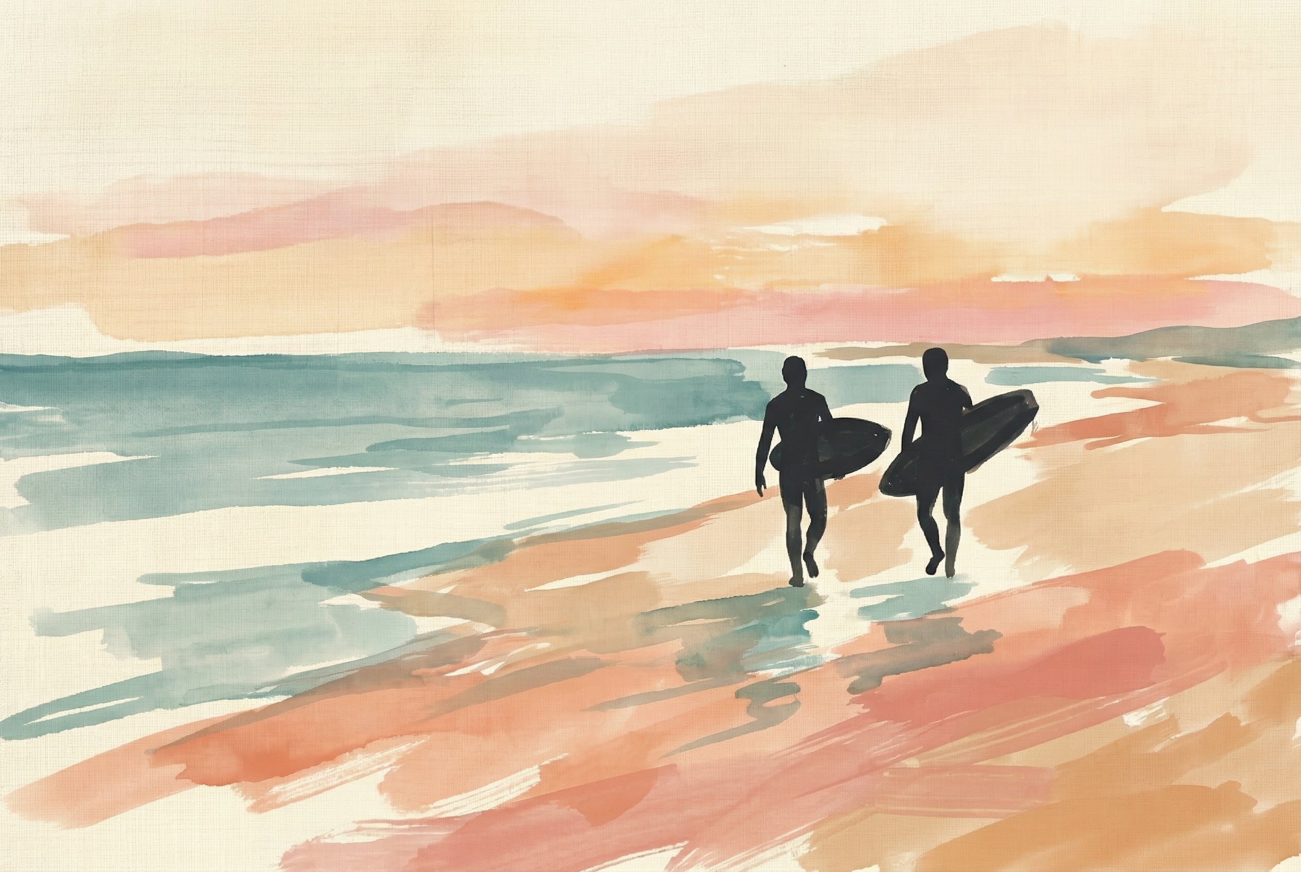 Surfers Walking Watercolor Style Wall Art - Golden Hour Surf