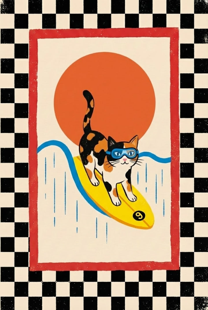 Illustration of a surfing calico cat wearing goggles, riding a yellow surfboard labeled “9” on a blue wave with a large orange sun in the background, framed by red and black checkered edges.
