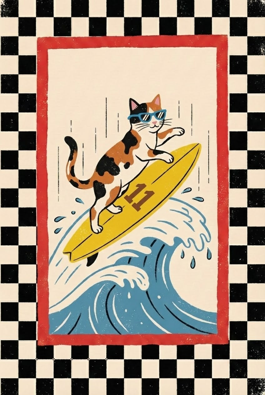 Illustration of a calico cat surfing a wave on a yellow board labeled 11, wearing blue sunglasses and striking a playful pose, all within a red frame and black-and-white checkered background.