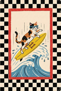 Illustration of a calico cat surfing a wave on a yellow board labeled 11, wearing blue sunglasses and striking a playful pose, all within a red frame and black-and-white checkered background.