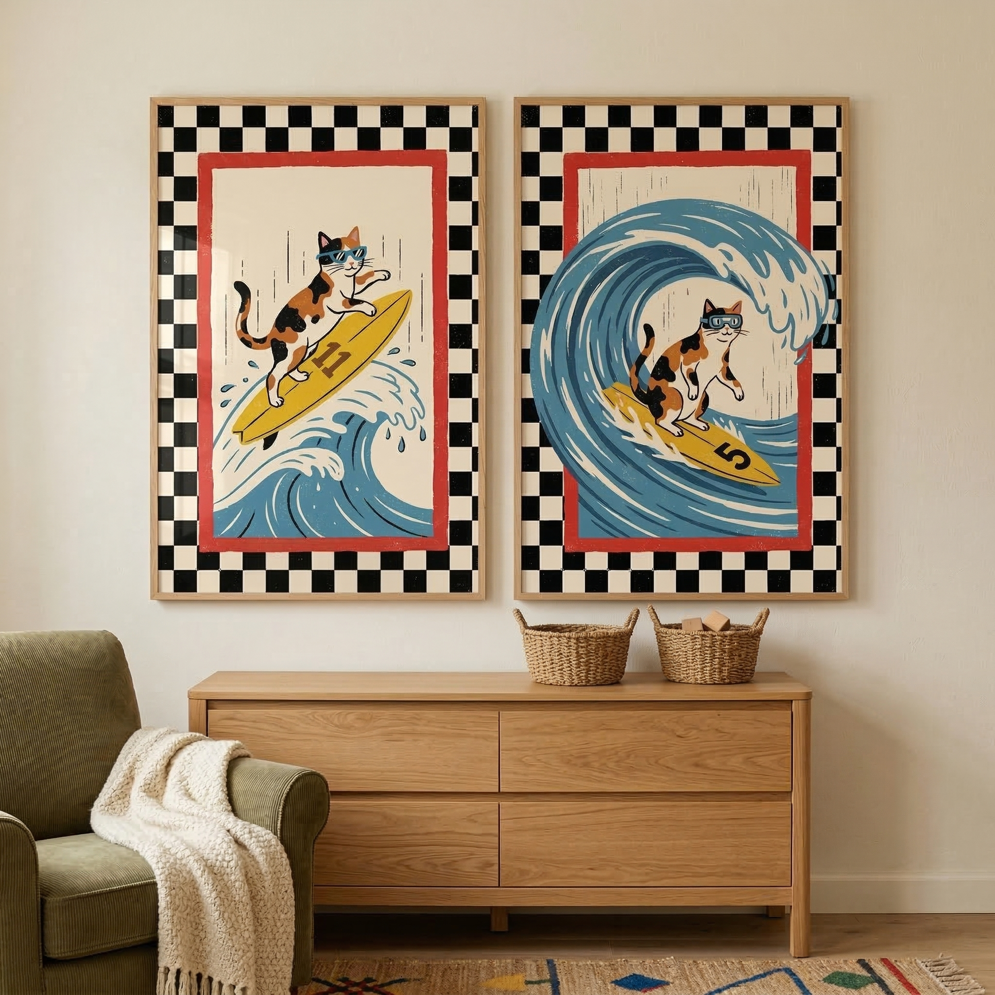 Surfing Calico Cat Wall Art Set of 2 - Surfing Calico Cats