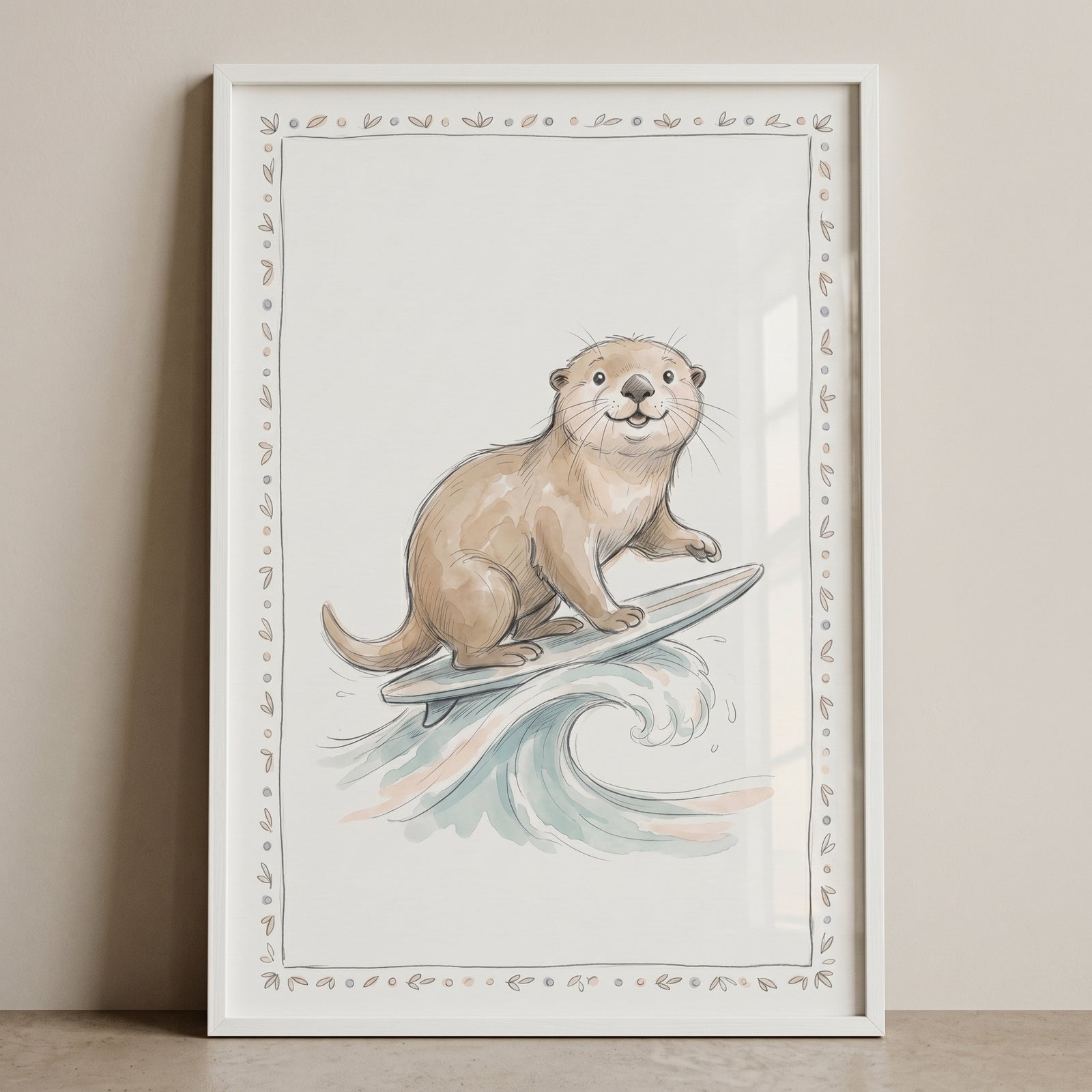Framed surfing otter wall art shows a brown otter on a surfboard riding a wave within a decorative leaf border.