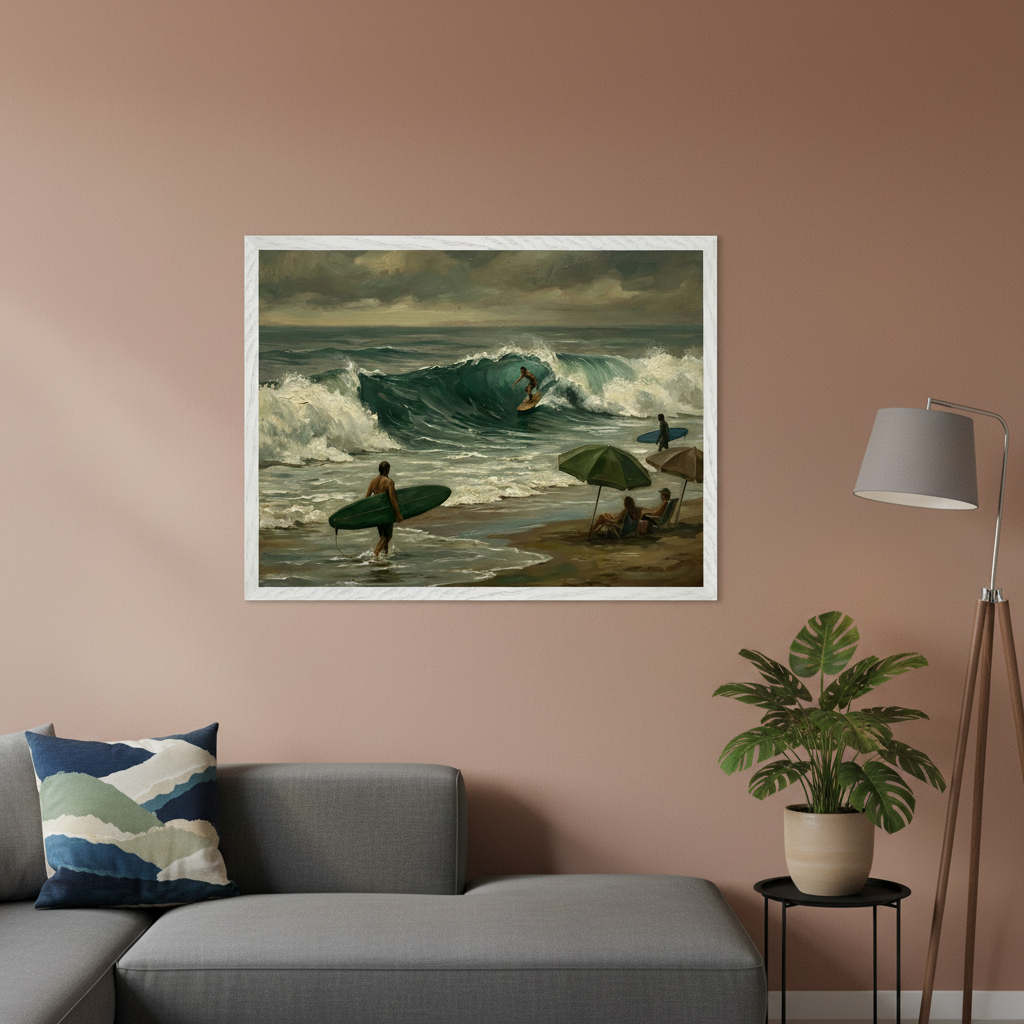 Living room with a gray sectional sofa and blue pillow. A large framed painting of a beach with surfers, large green waves, and people under green umbrellas hangs centered above the sofa. A floor lamp and potted plant are on the right.