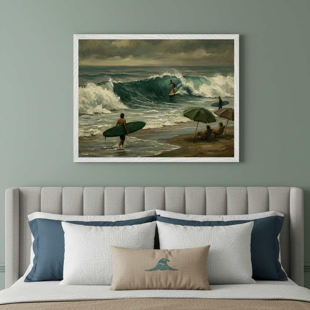 Modern bedroom with a gray upholstered headboard. A large white-framed painting of a stormy beach scene with surfers riding waves and people relaxing under umbrellas hangs centered above the bed. The room has sage green walls.