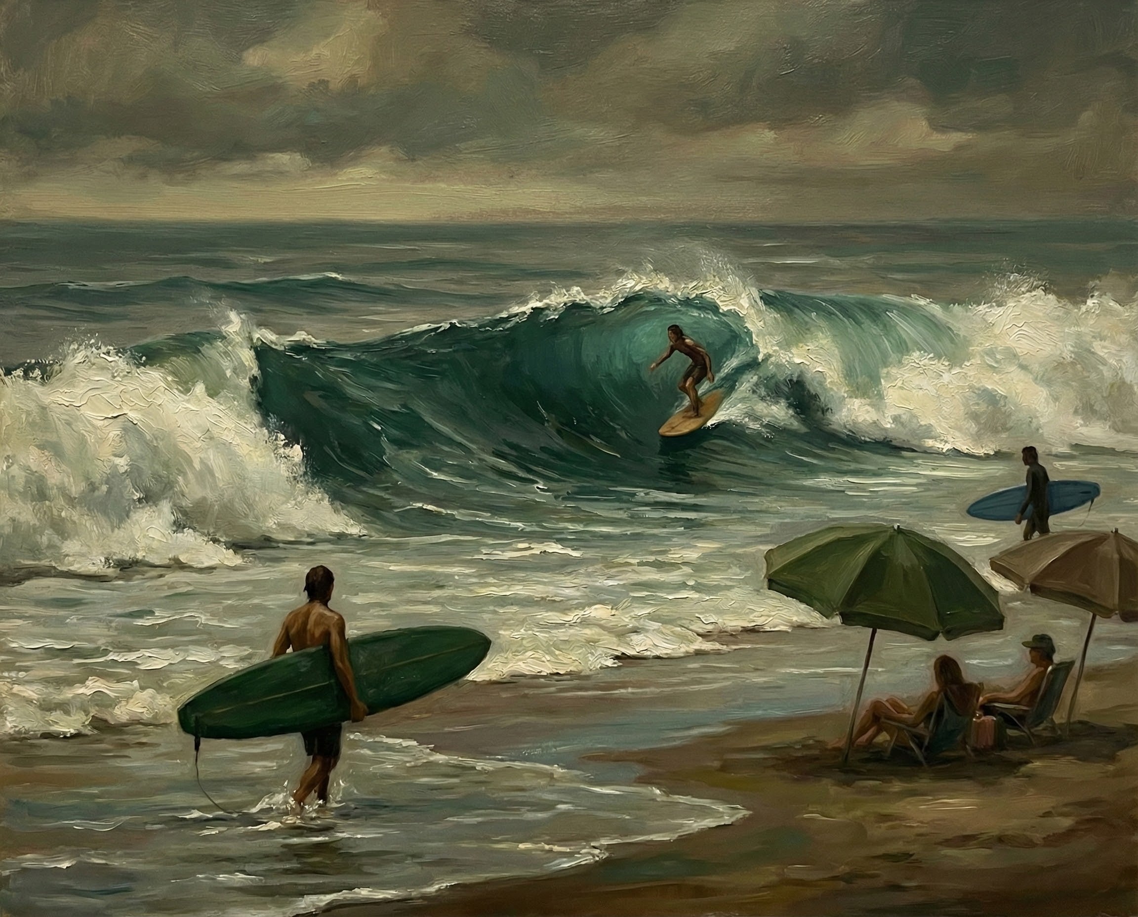 A dramatic oil-style painting of surfers riding large waves near the shore while others watch under beach umbrellas giving a bold and adventurous tone to coastal wall decor.
