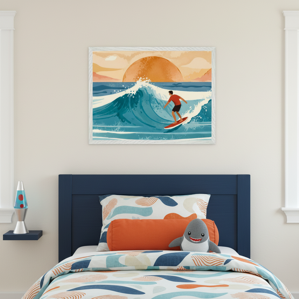 Kid's bedroom with a dark blue bed. A framed illustration of a surfer riding a wave at sunset hangs centered above the bed. A lava lamp sits on a shelf to the left.