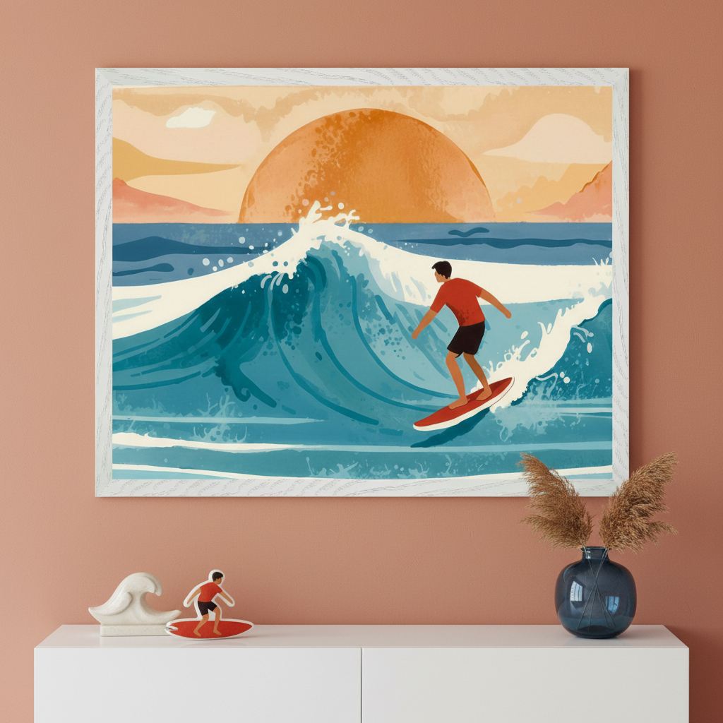Surfer at Sunset Wall Art for Nursery, Playroom or Kids Bedrooms - Vibrant Ocean Wave Decor - Surfing Dreams