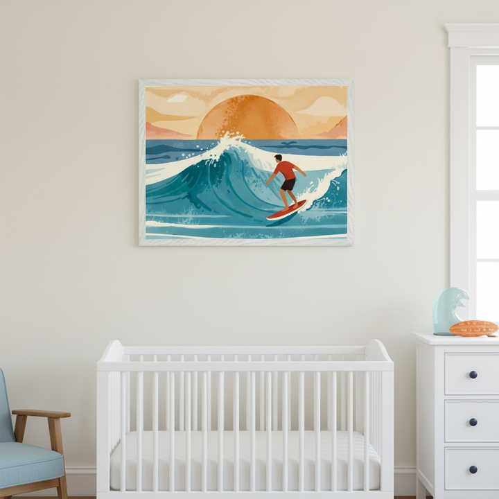 Modern nursery with a white crib, white dresser, and light blue armchair. A framed art print depicting a surfer on a large wave at sunset, in an illustrative style, hangs above the crib.