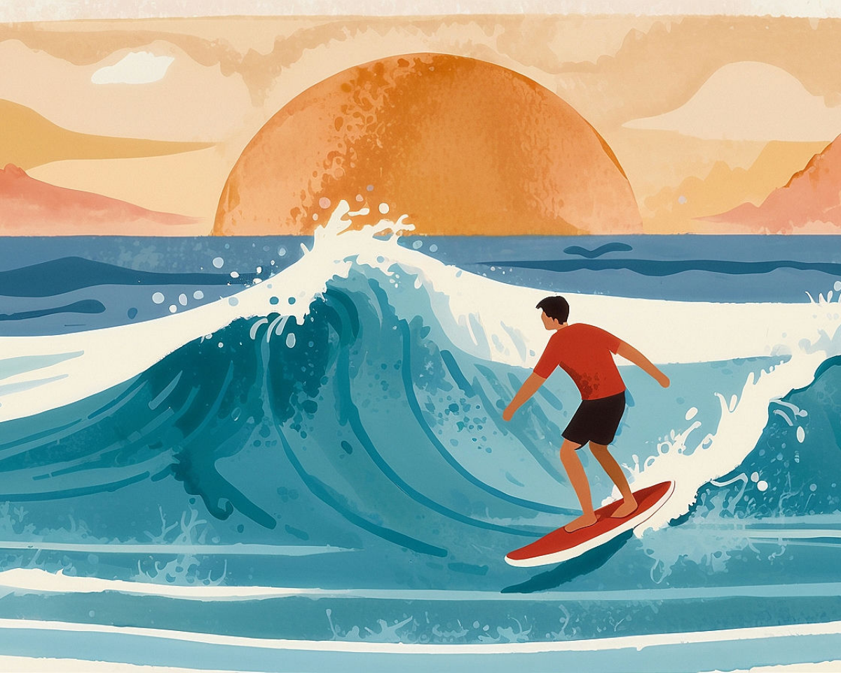 A surfer in a red shirt rides a vibrant blue wave on a red surfboard, with a large orange sun setting behind distant mountains, creating a picturesque and dynamic ocean scene.