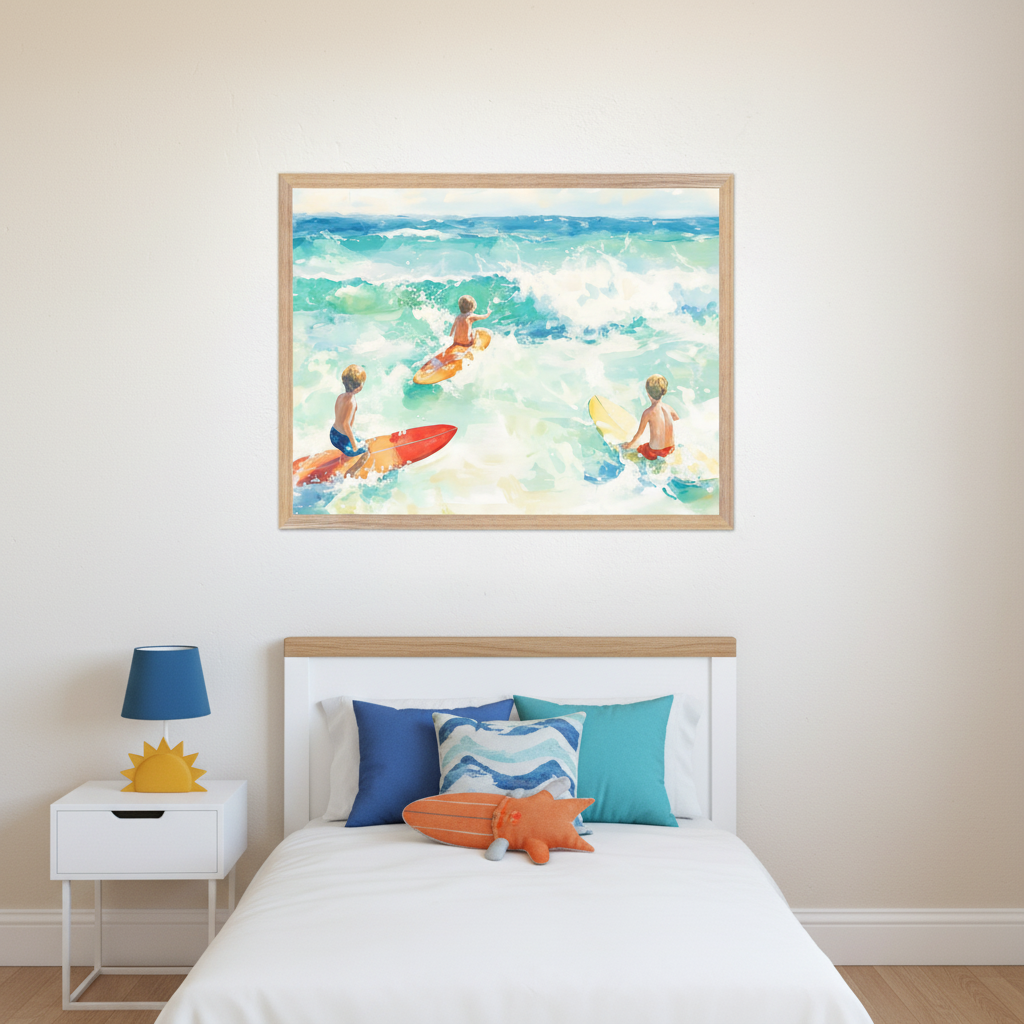 Kid's bedroom with a white bed and nightstand. A large framed watercolor painting of three boys surfing in turquoise ocean waves hangs above the bed.