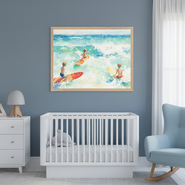 Modern nursery with a blue wall. A white crib, dresser, and light blue rocking chair are visible. A large framed painting in a bright, loose style depicts three young boys surfing on colorful boards in turquoise waves, centered above the crib.