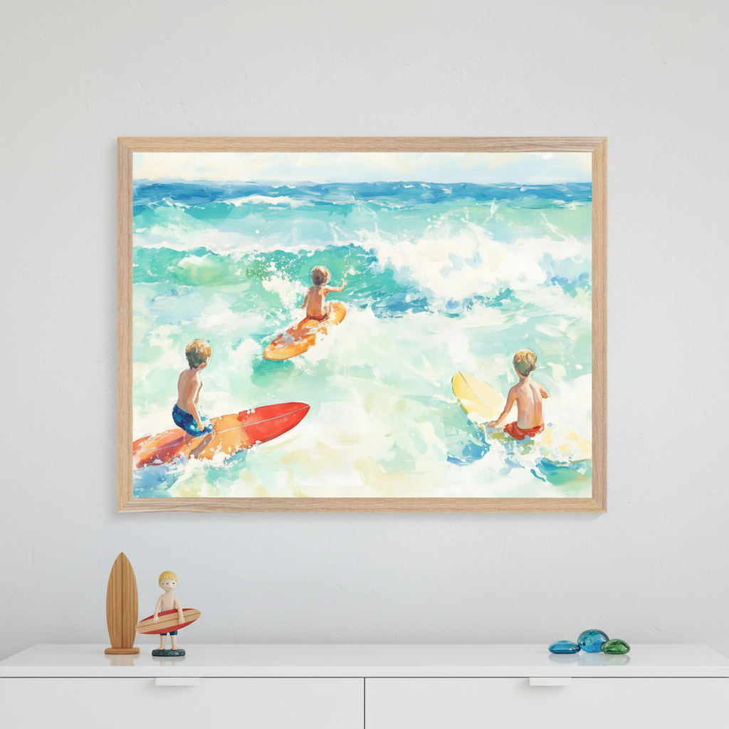 Kid's room with a white dresser. A large framed watercolor print of three boys surfing in turquoise ocean hangs centered above the dresser. A wooden surfboard, a boy figurine, and glass gems are on the dresser.