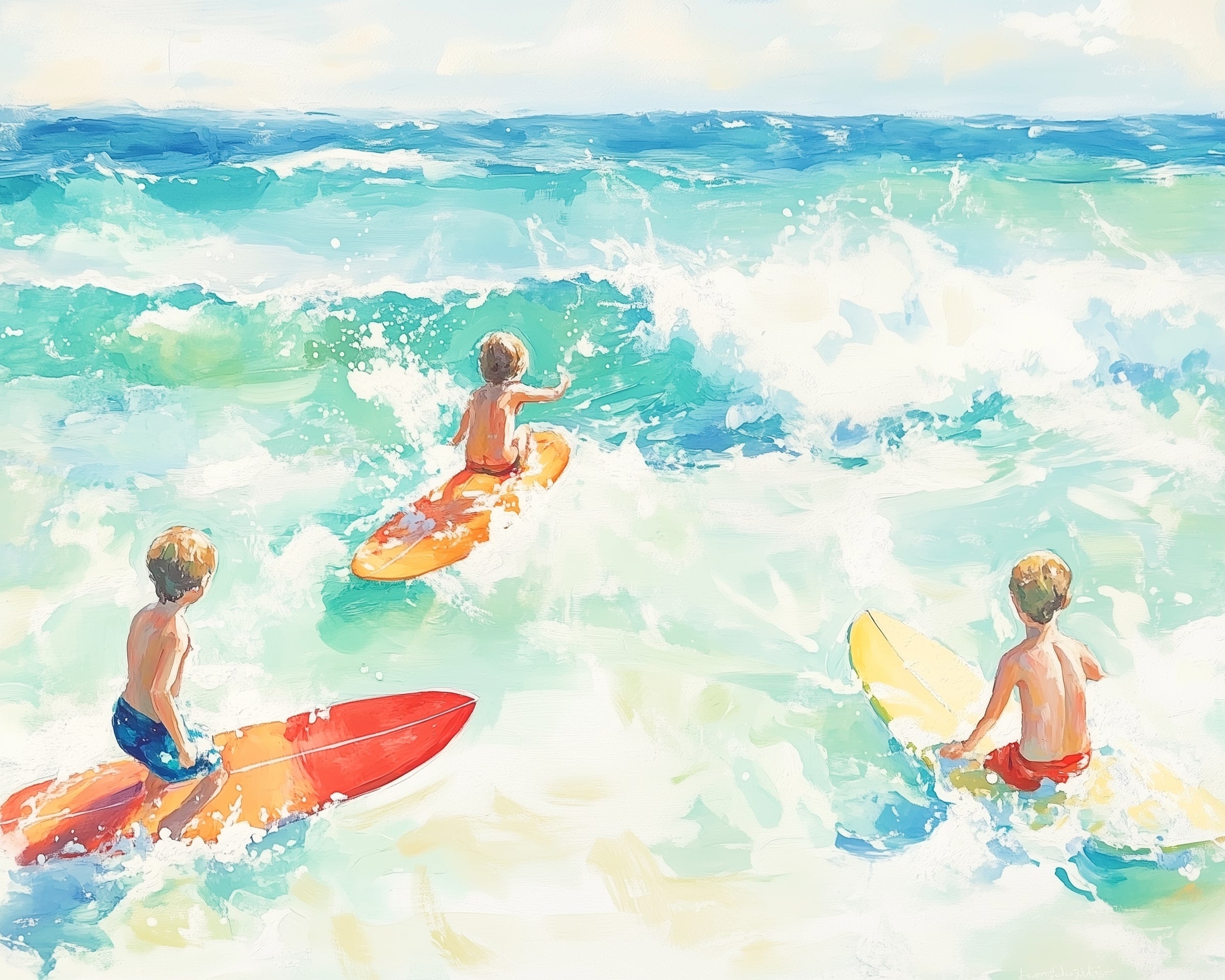 Three young children with blonde hair are riding colorful surfboards on vibrant, turquoise waves, with one on a red board, another on an orange board, and the third on a yellow board, all wearing swim trunks and enjoying the sunny day at the beach.