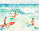 Three young children with blonde hair are riding colorful surfboards on vibrant, turquoise waves, with one on a red board, another on an orange board, and the third on a yellow board, all wearing swim trunks and enjoying the sunny day at the beach.