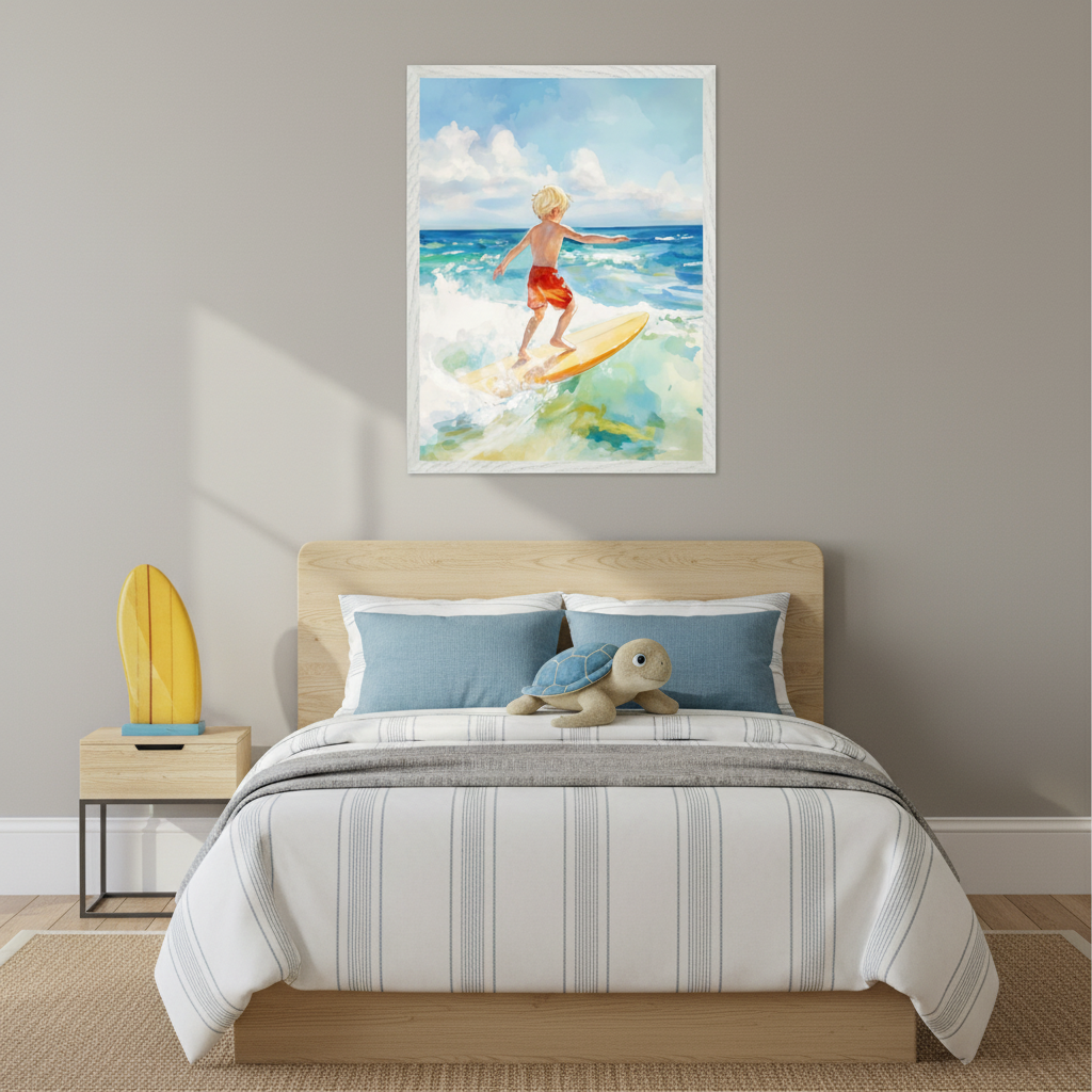 Kid's bedroom with a wooden bed and a wooden nightstand. A large framed painting of a blonde boy surfing on a yellow board in blue-green waves hangs centered above the bed. A stuffed turtle rests on the bed, and a yellow surfboard decor is on the nightstand.