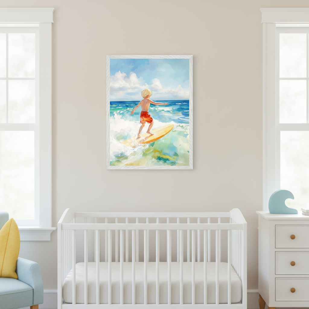Modern nursery with a white crib, light blue armchair, and white dresser. Above the crib, a framed watercolor-style painting shows a blond boy in red shorts surfing on a yellow board amidst blue and green waves.