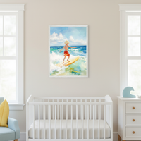 Modern nursery with a white crib, light blue armchair, and white dresser. Above the crib, a framed watercolor-style painting shows a blond boy in red shorts surfing on a yellow board amidst blue and green waves.