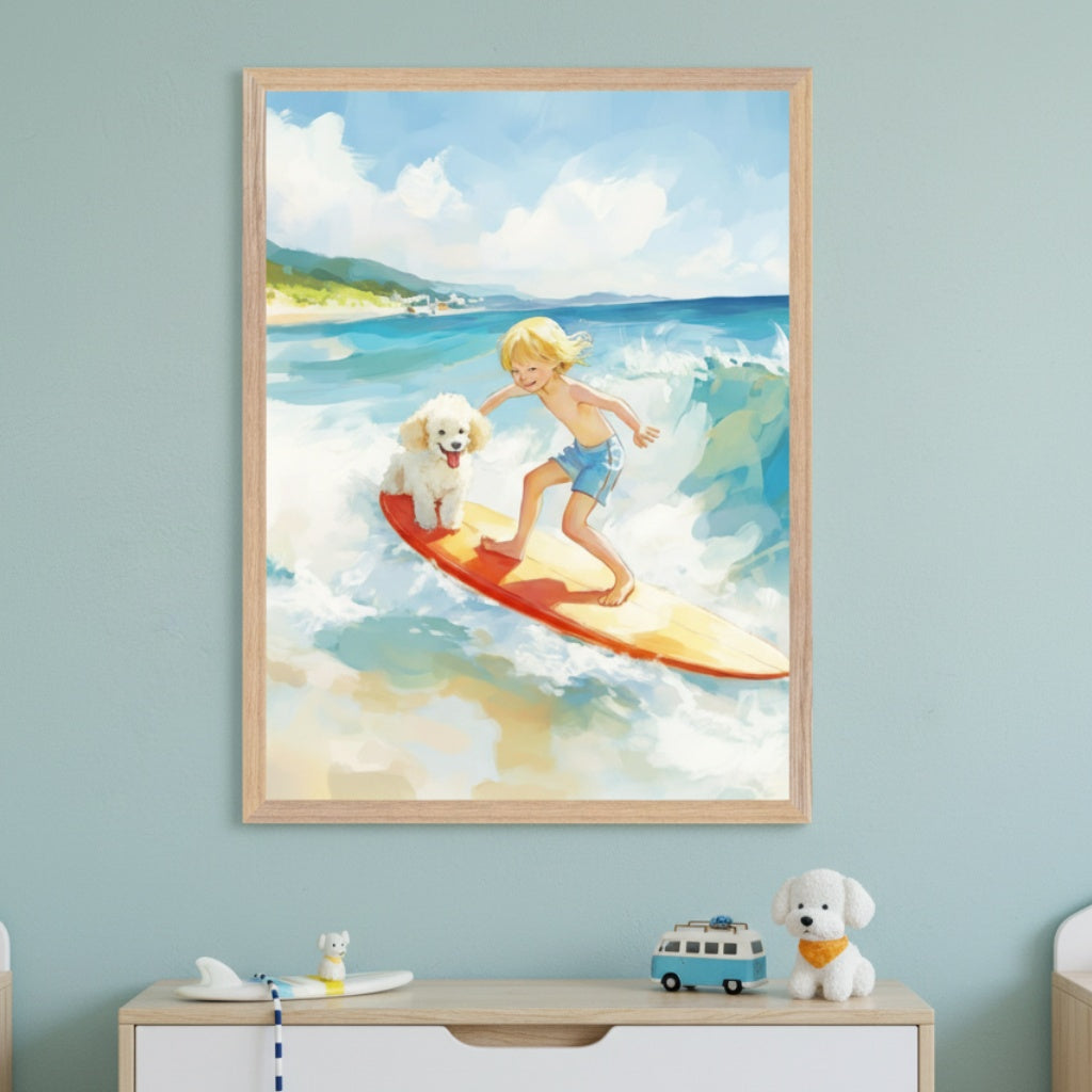 A cheerful watercolor-style artwork features a blond child in blue swim trunks surfing a wave on a red and yellow surfboard, accompanied by a fluffy white dog. The framed artwork hangs on a seafoam green wall above a dresser decorated with beach-themed toys, adding to the playful coastal vibe.